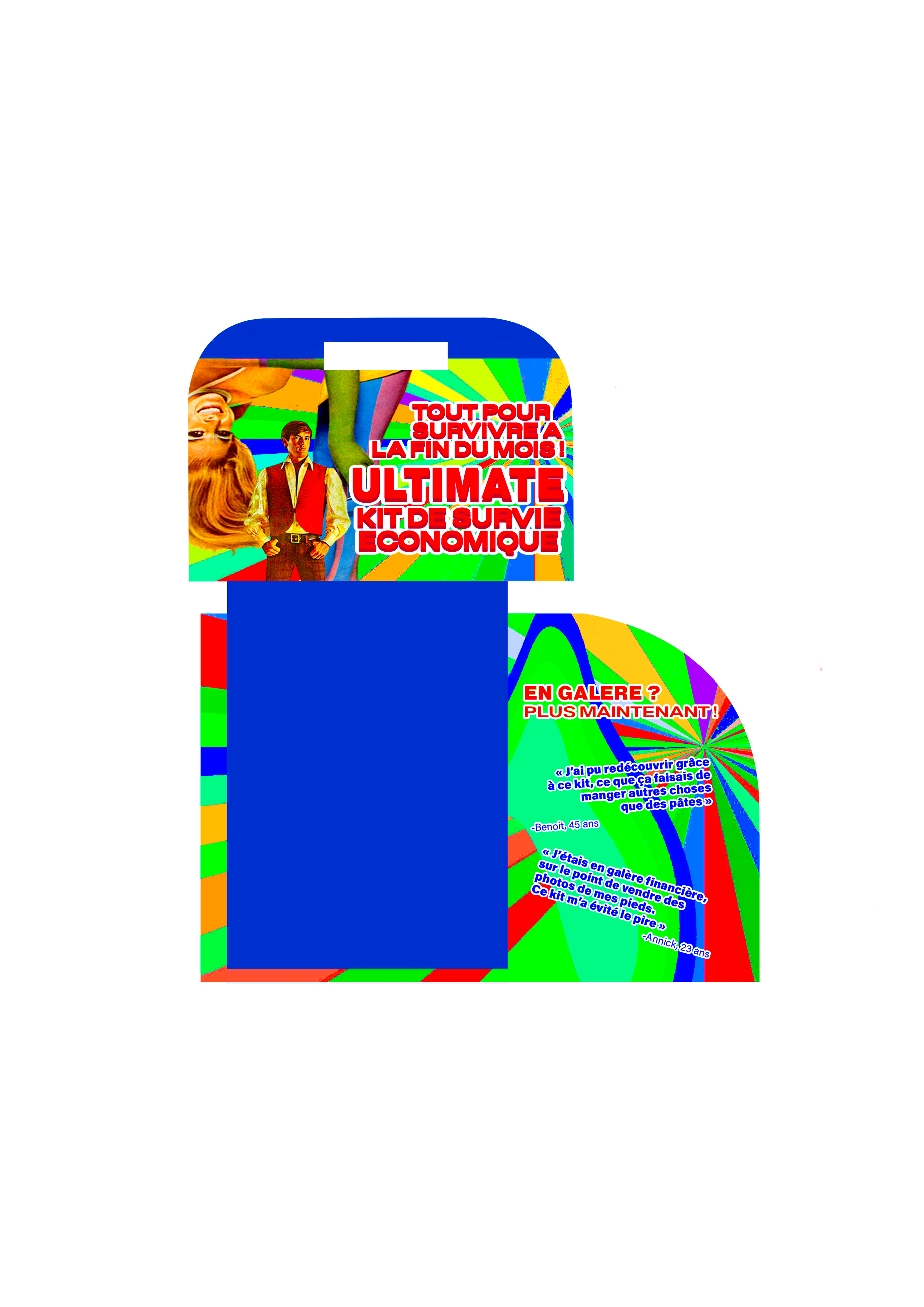 Projet de détournement inspiré du travail de Dana Wyse. Création de l'identité visuelle d'un kit de survie économique tourné vers les familles de classe moyenne, de l'affiche au packaging.